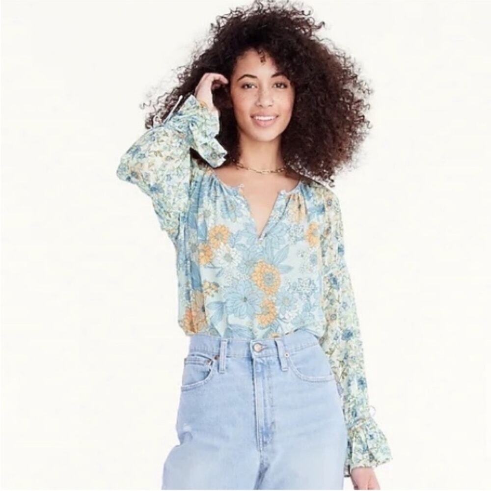 J. Crew Flutter Cuff Crinkle Chiffon Top Zinnia Blue Yellow Floral Blouse Sz XXL